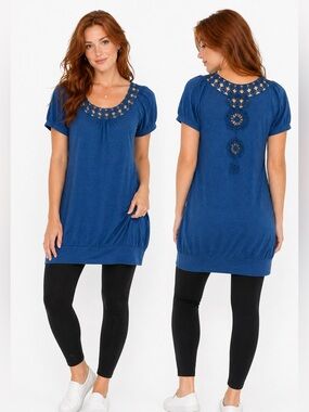 Energie Blue Crochet Neck Tunic Mini Dress Small Y2K Inspired Boho Stretch